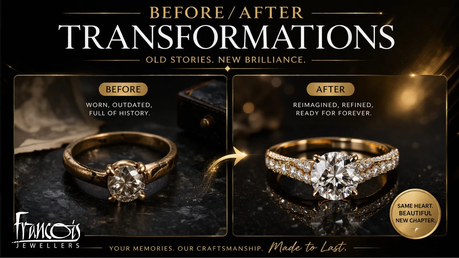 Before/after transformation of rings: left shows a worn gold band, right shows a refined diamond engagement ring with pavé band from Francois Jewelers.