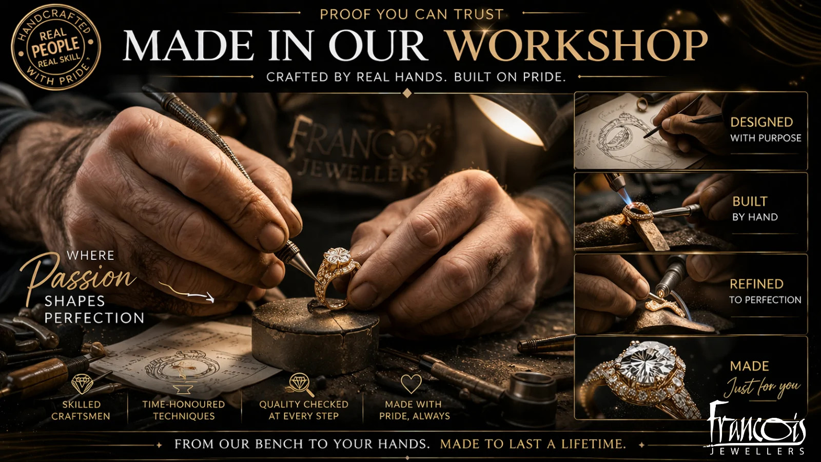 Close-up of a jeweler shaping a gold ring with precision tools at a workshop bench, banner reads 'Made in Our Workshop'.