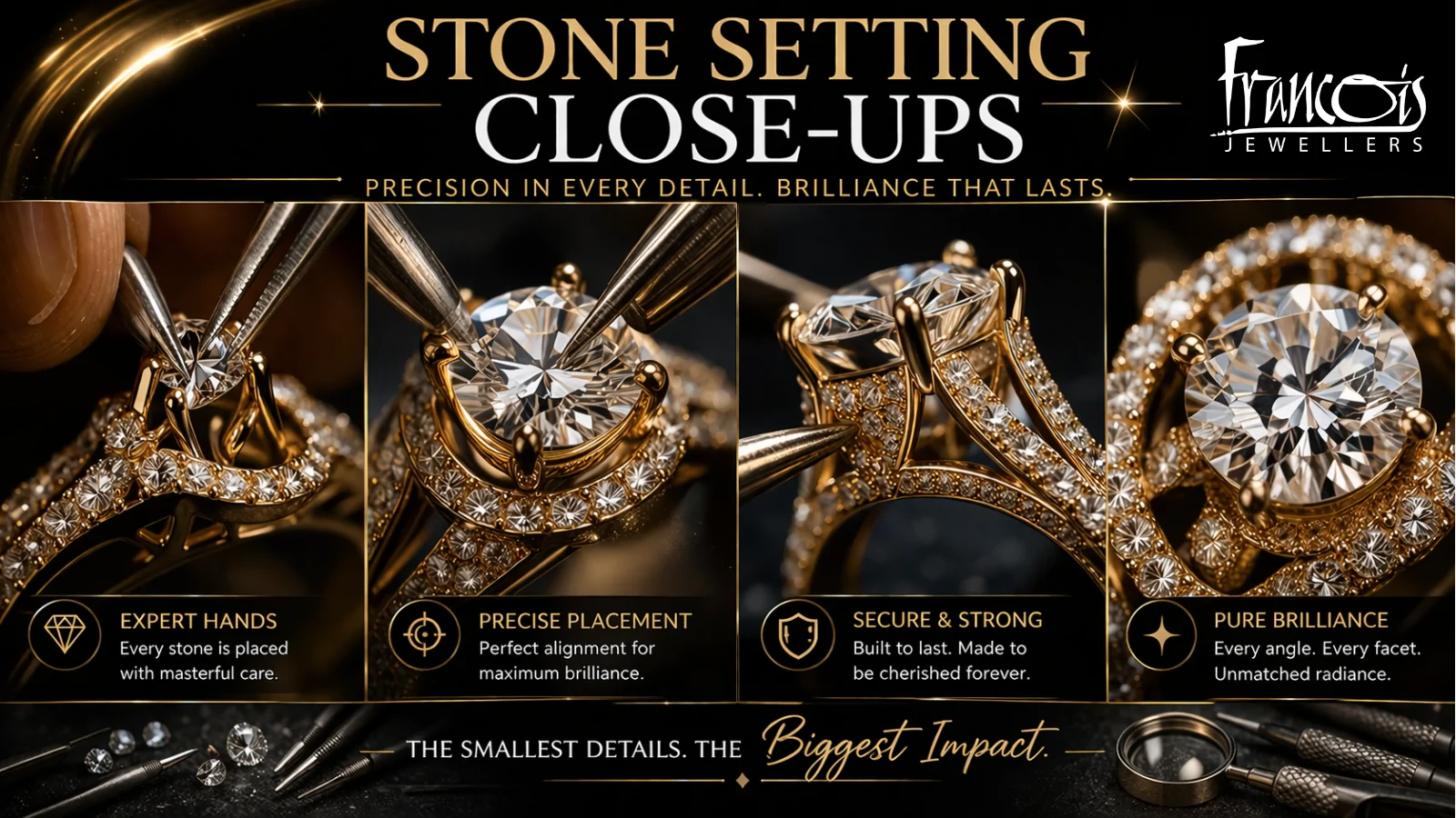 Francois Jewellers banner with four diamond-ring close-ups highlighting Expert Hands, Precise Placement, Secure & Strong, Pure Brilliance.